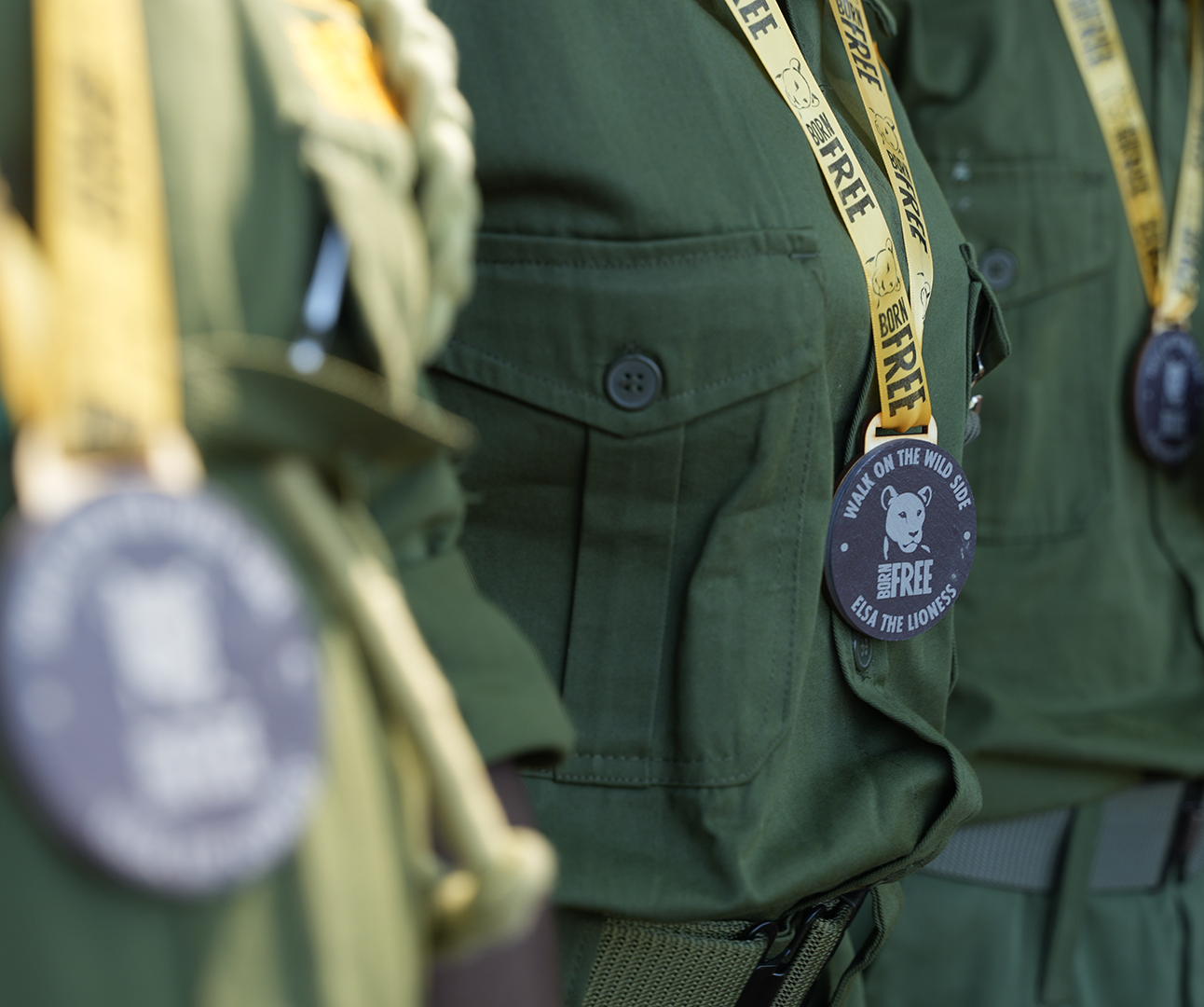 Close up of the chests of three people in green uniforms, with Walk on the Wild Side medals hanging around their necks