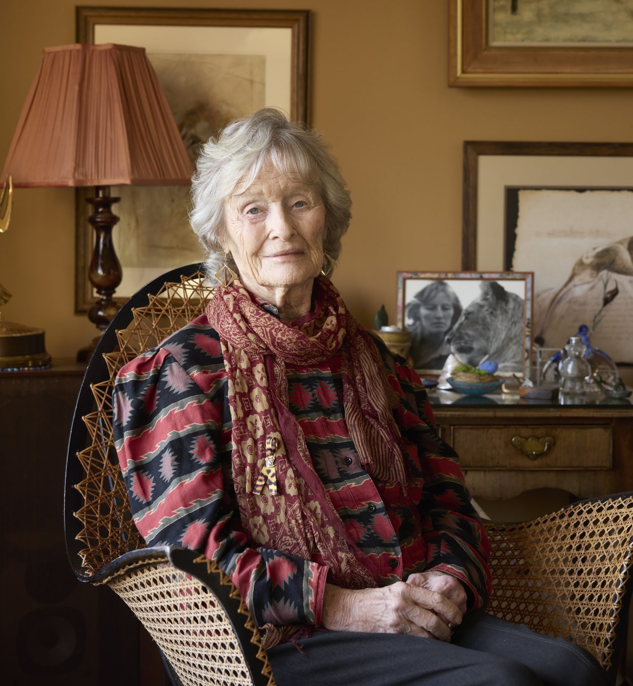 Dame Virginia McKenna sitting in an armchair, looking towards the camera with her hands in her lap. Behind her is a framed photo of her and Girl, the lion who played Elsa in the film Born Free