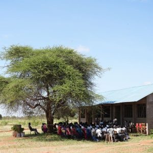 A group of villagers in Kenya attending a meeting at the village hall, sitting together under a tree