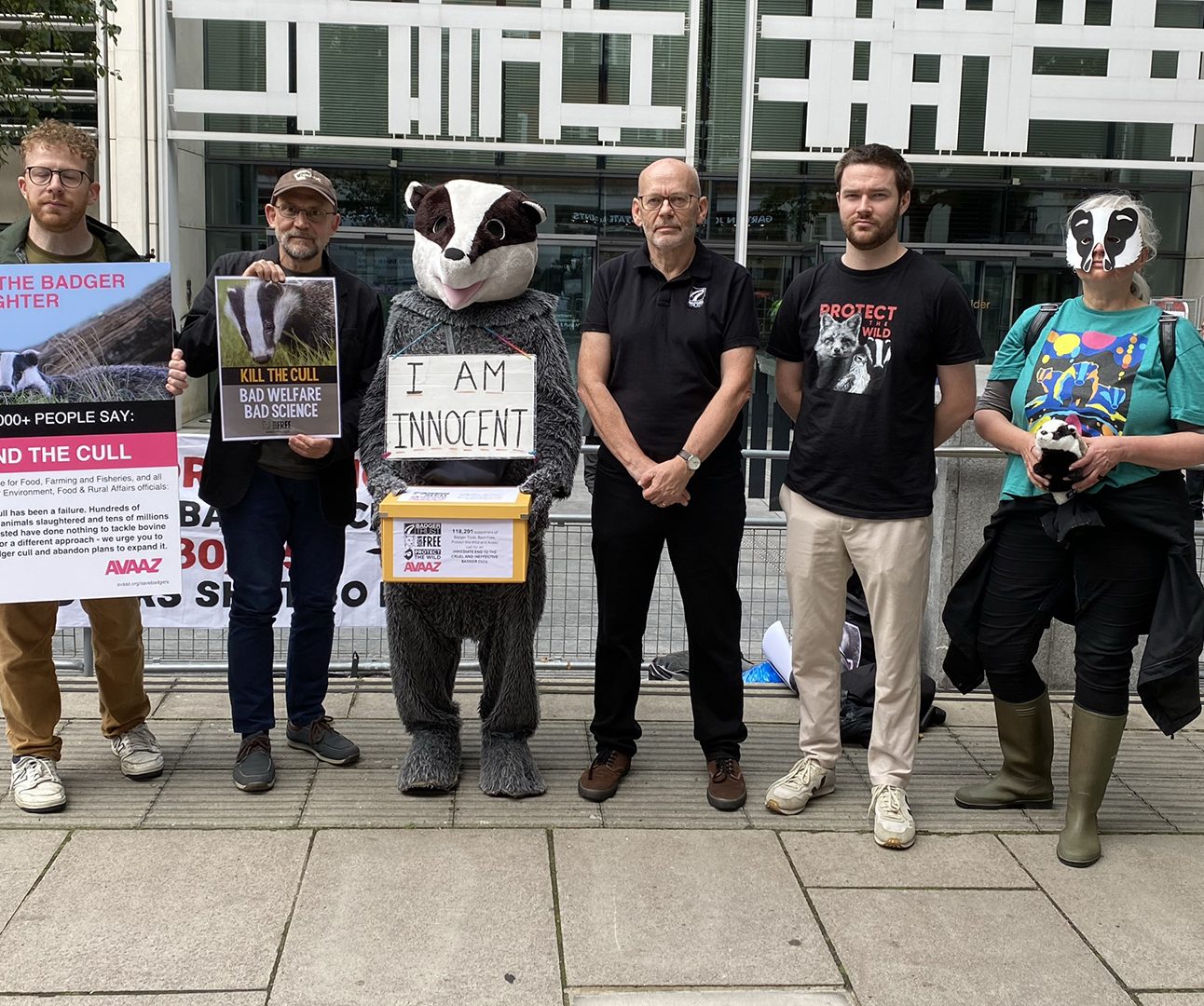 Gordon Maloney, AVAAZ; Dr Mark Jones, Born Free; Betty Badger (Mary Barton); Peter Hambly, Badger Trust; Robert Pownall, Protect the Wild; Susanna Feder (supporter) all lined up with posters about ending the badger cull and a box containing signatures of petition signers