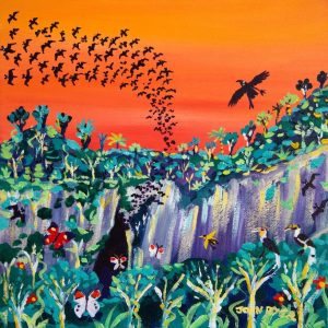 A painting of bats flying in an orange sky