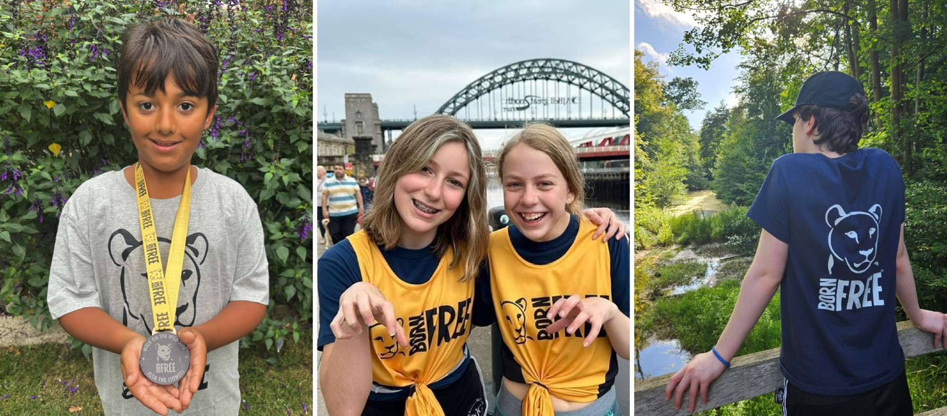 A montage featuring images of young Born Free supporters wearing running vests, branded T-shirts and holding medals