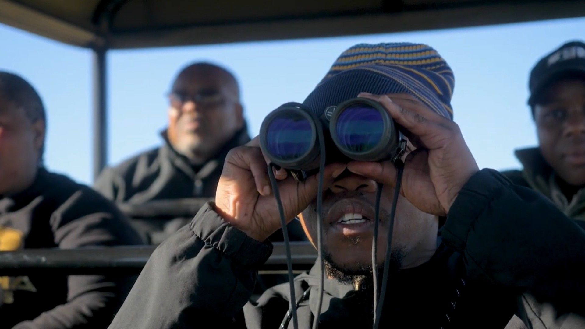 A group of people sitting in a vehicle, watching wildlife through binoculars