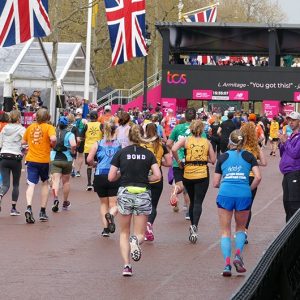 Runners heading towards the finish line of the London Marathon